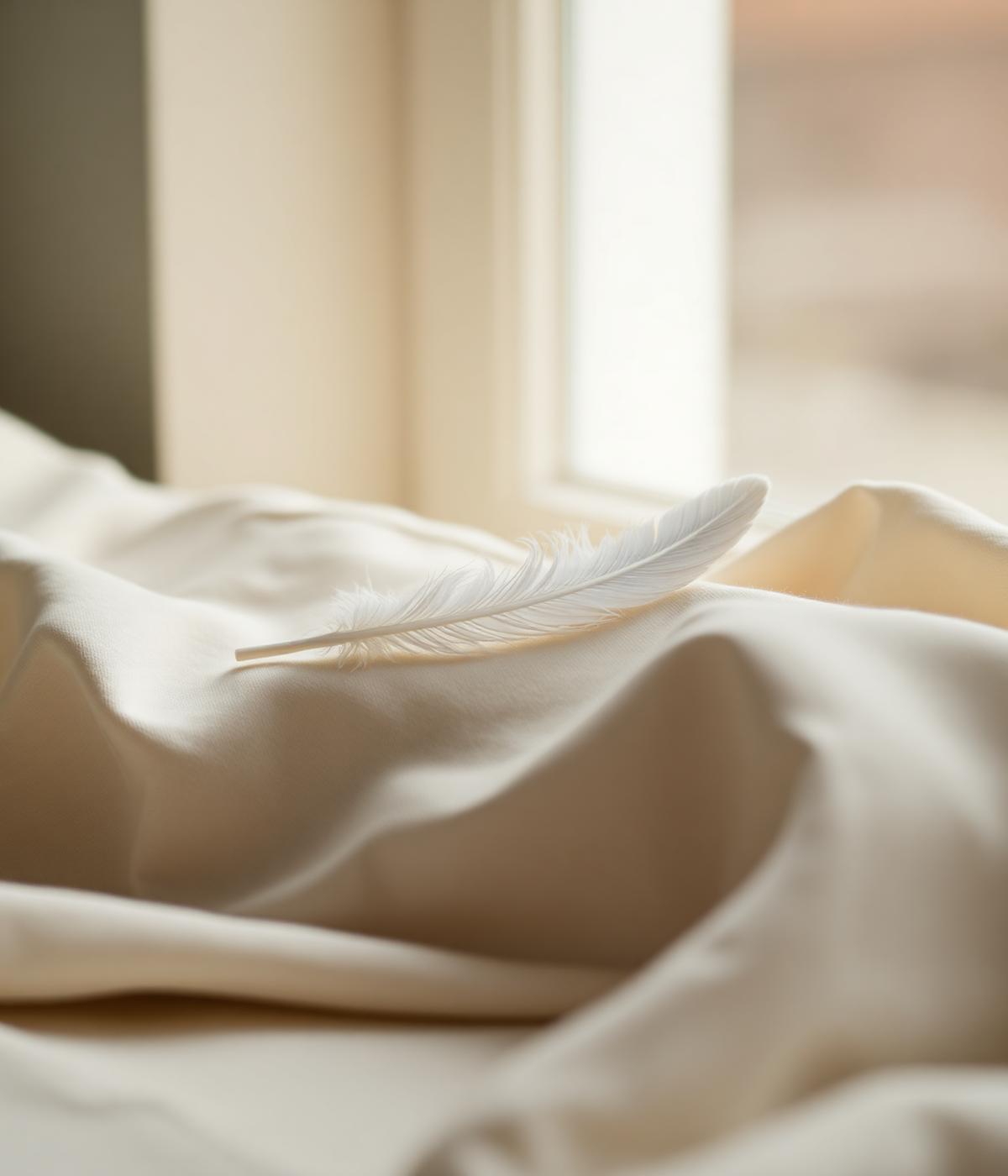 A single white feather on soft linen