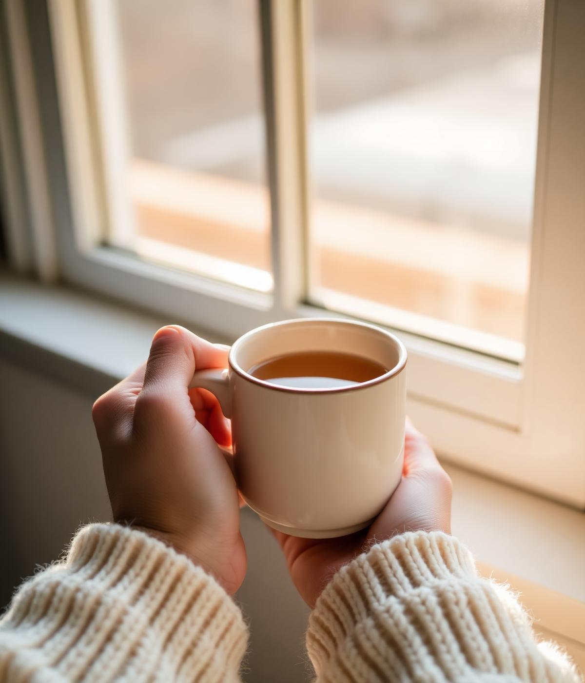 Warm hands holding a cup of tea